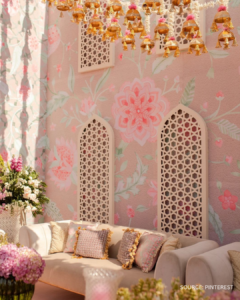 soft tone wedding décor with floral mandap