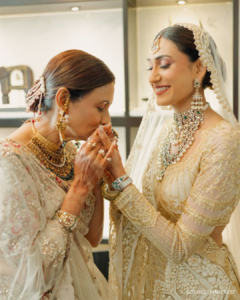 Mother of the bride trying designer outfits